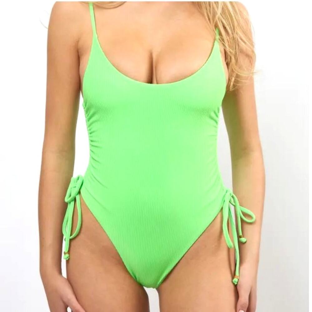 Viens Avec Moi Women's Dreamland Ruched One Piece Swimsuit Neon Green Size M